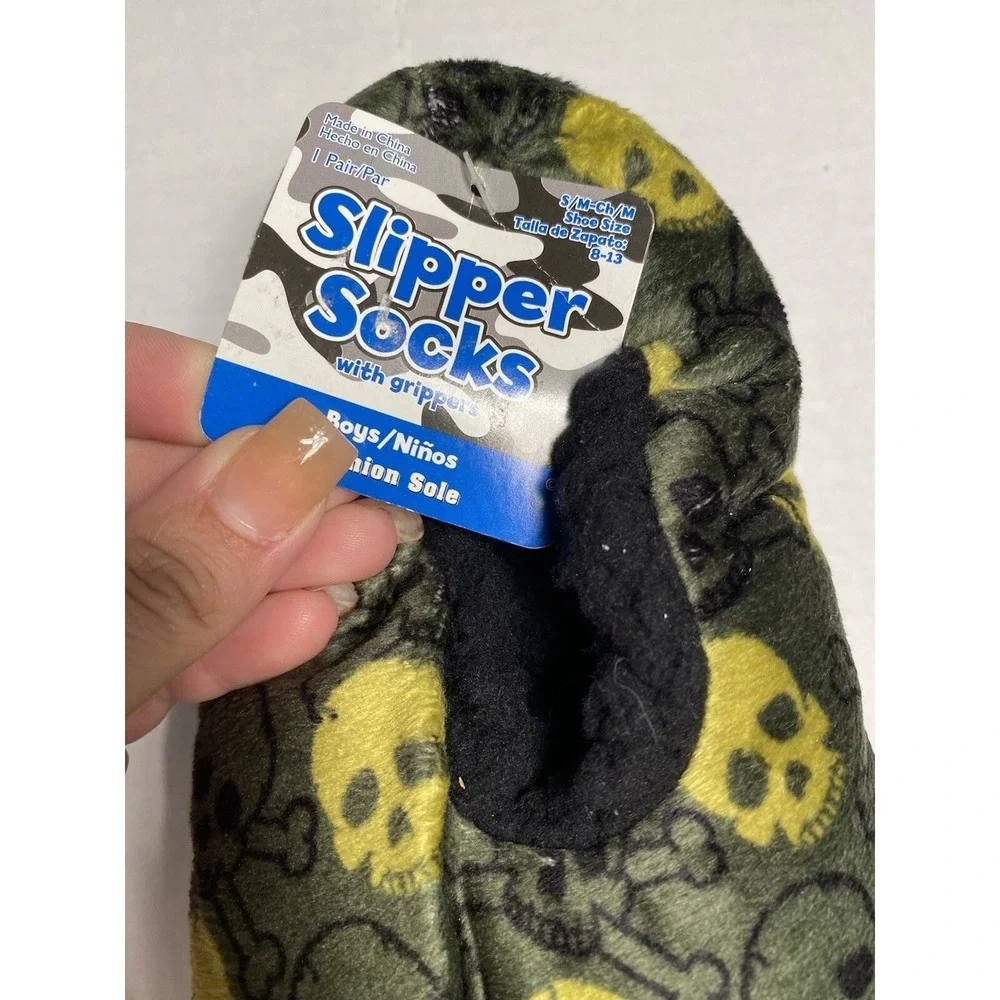 slipper socks boys green skull camo grippers shoe size 8-13 small‎ medium